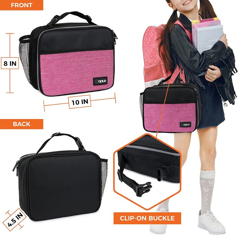 opux Insulated Lunch Bag Kids, Lunch Box for School Boy Girl, Leakproof Small Reusable Compact Soft Mini Cooler Bag, Toddler Small Lunch Boxes Kit Pail with Front Side Pockets (Pink) - Image 2